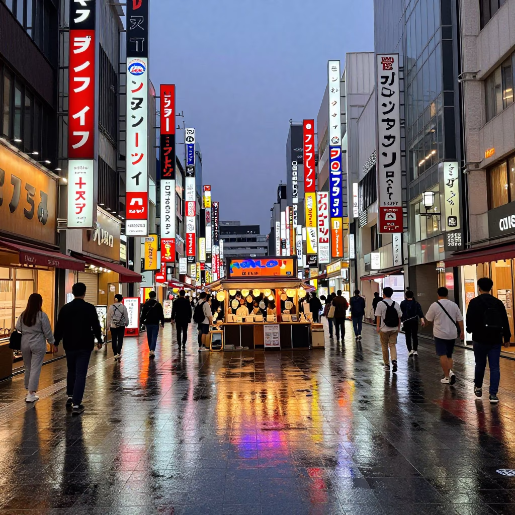 Osaka Dotonbori Evening Street Scene with Neon Reflections and Ramen Bowl in in Osaka, Japan