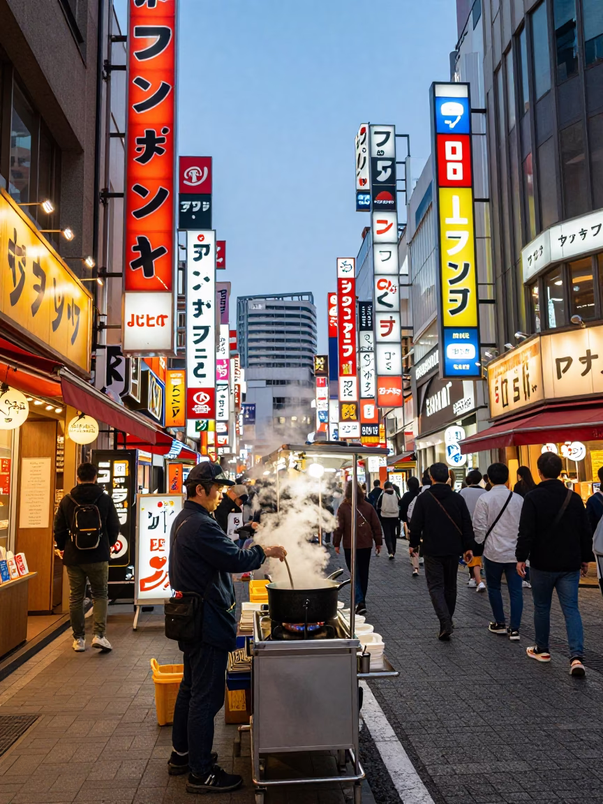 Osaka Dotonbori Evening Street Scene with Neon Signs and Food Stall Steam in in Osaka, Japan