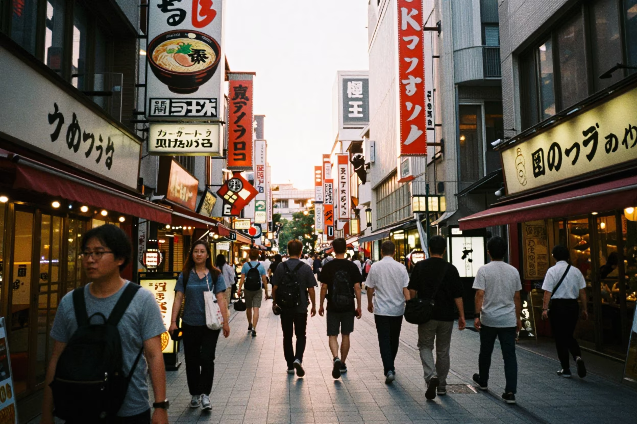 Osaka Dotonbori Evening Street Scene with Ramen Bowl and Neon Reflections in in Osaka, Japan