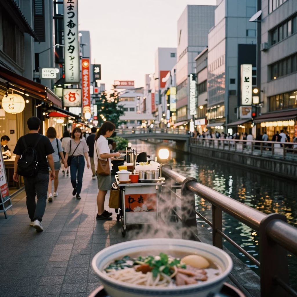 Osaka Dotonbori Evening Street Scene with Steaming Pho Bowl and Local Dining Atmosphere in in Osaka, Japan