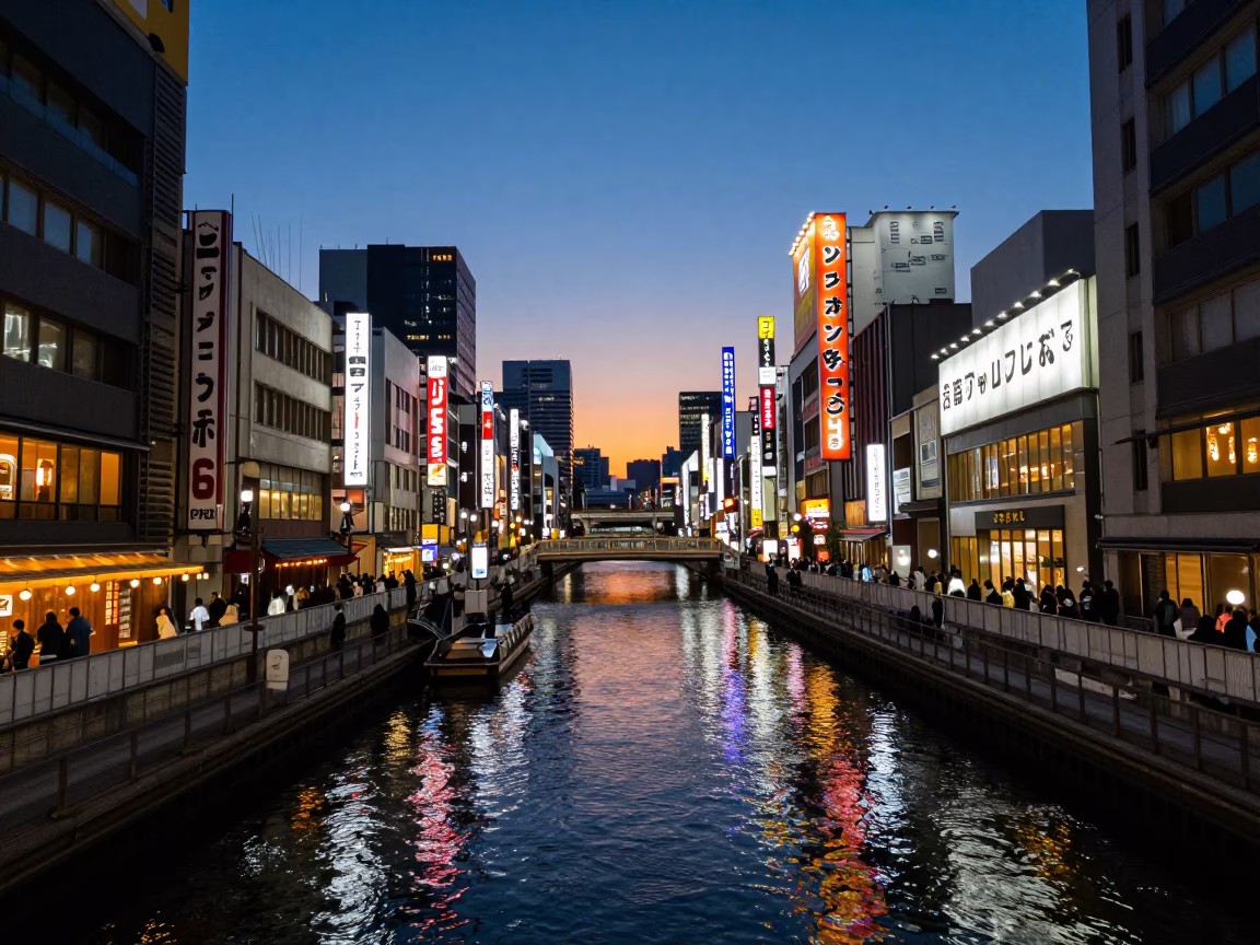 Osaka Dotonbori Neon Reflections at Dusk with Grilled Fish and Paper Lanterns in in Osaka, Japan