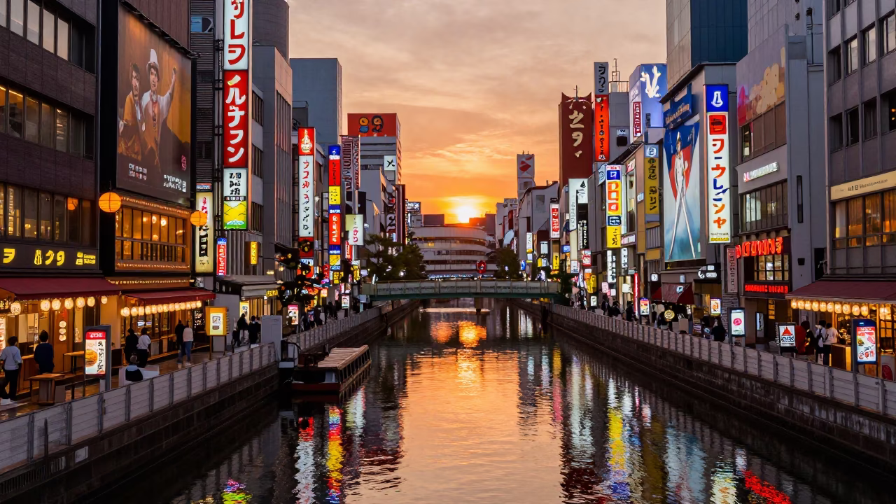 Osaka Dotonbori Neon Reflections at Sunset with Wok Flames and Street Food in in Osaka, Japan