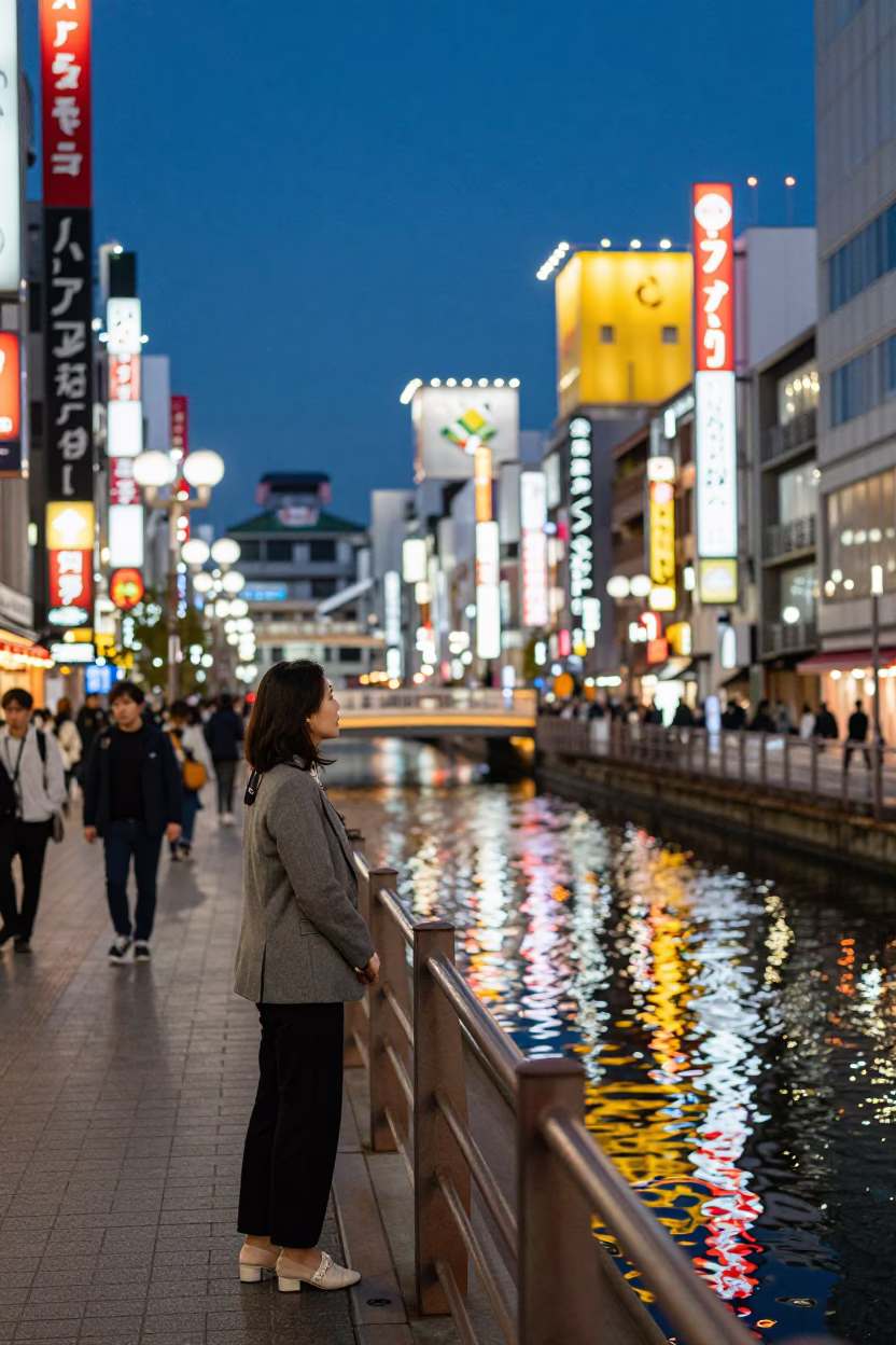 Osaka Dotonbori Neon Reflections Evening Street Scene with Local Dining in in Osaka, Japan