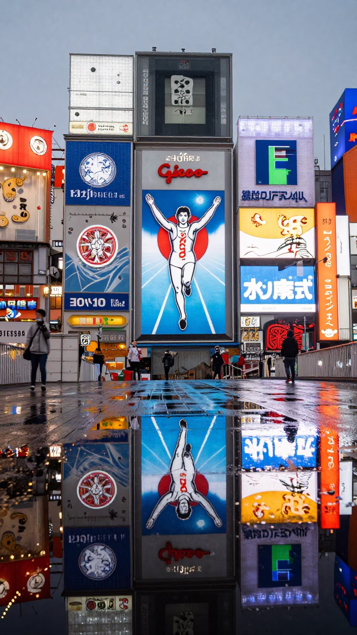 Osaka Dotonbori Neon Reflections on Wet Asphalt at Dusk in in Osaka, Japan