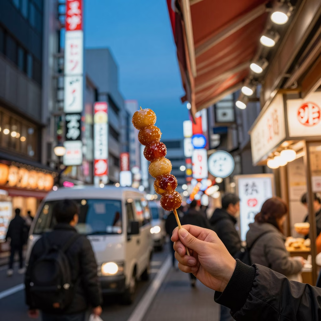 Osaka Dotonbori Night Scene with Dango Skewers and Tanker Ship in in Osaka, Japan