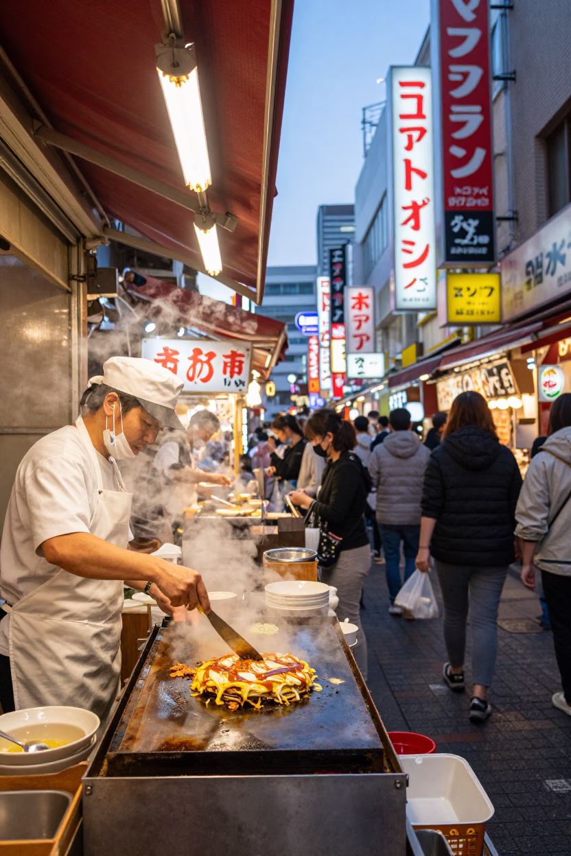 Osaka Dotonbori Night Street Food Vendor with Steam and Neon Lights in in Osaka, Japan