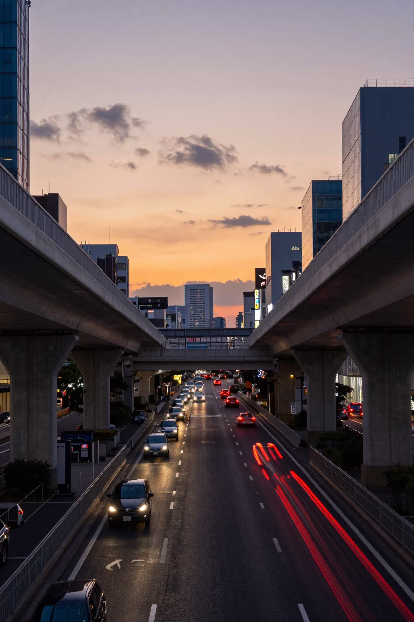 Osaka Dotonbori Overpass at Dusk with Taillight Streaks and Street Food in in Osaka, Japan