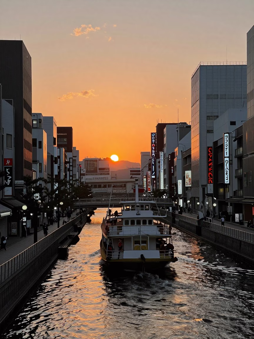 Osaka Dotonbori River at Sunset with Steamboat and Neon Reflections in in Osaka, Japan