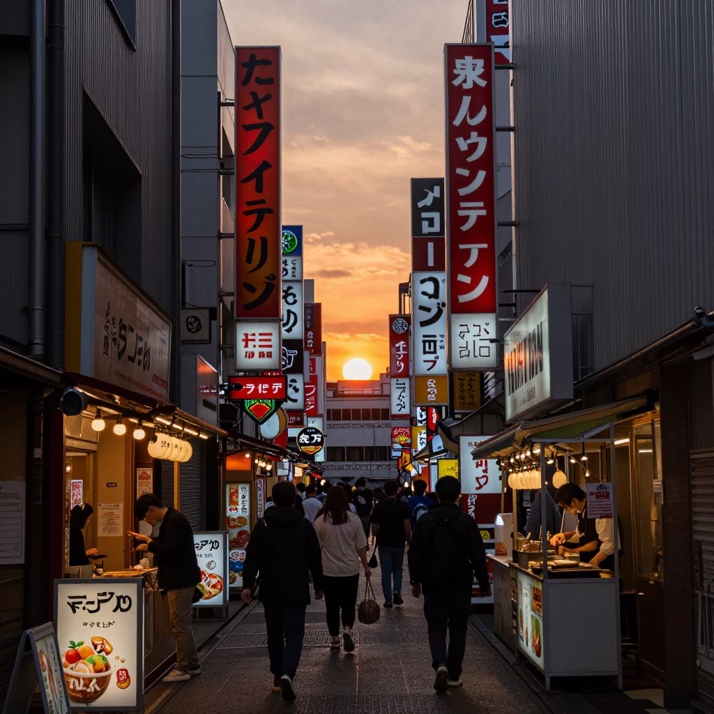 Osaka Dotonbori Street Food Scene at Dusk with Metal Stools and Grease Sheen Drain in in Osaka, Japan