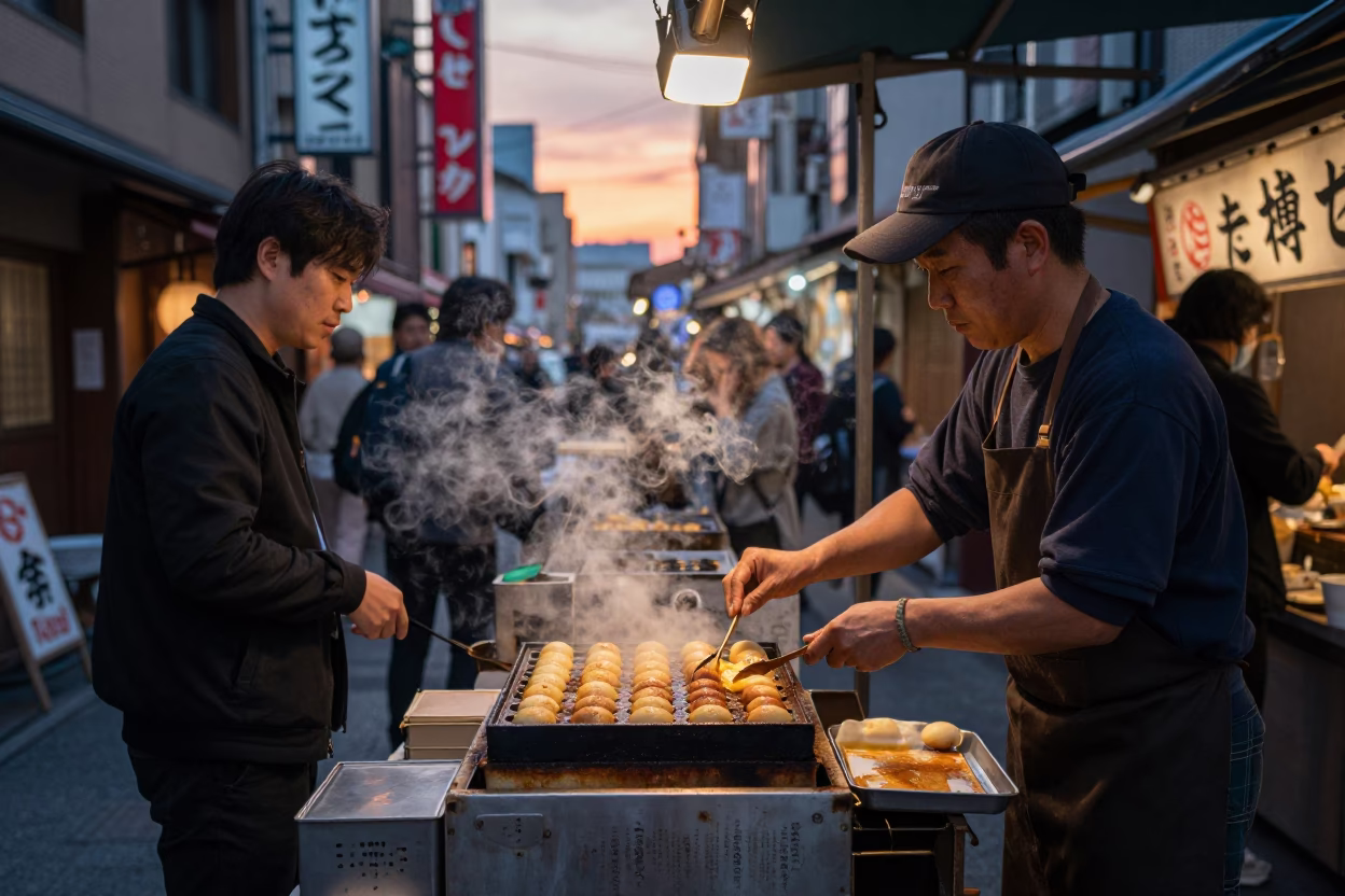 Osaka Dotonbori Street Food Scene with Takoyaki Grill and Sunset Glow in in Osaka, Japan