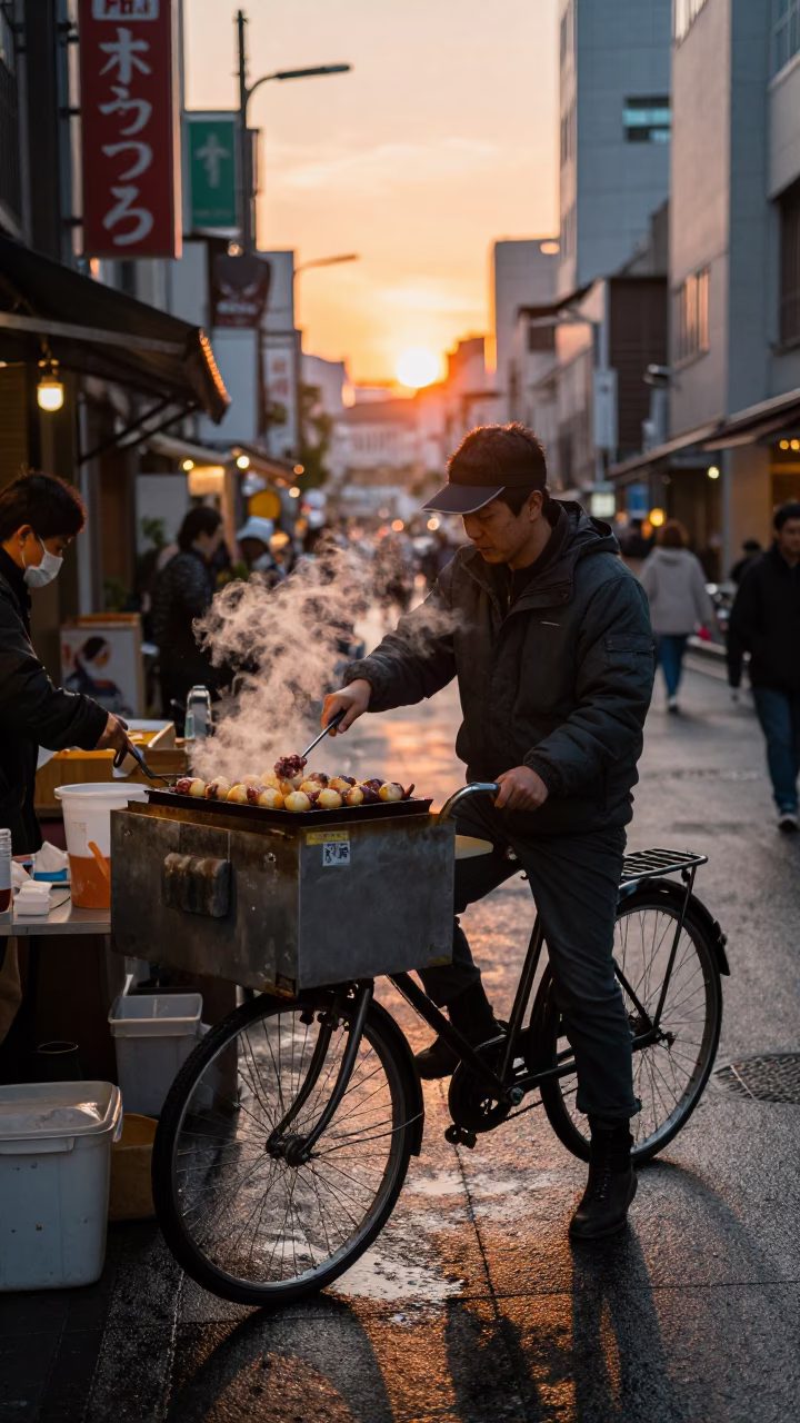 Osaka Dotonbori street food vendor cooking takoyaki with bicycle basket at sunset in in Osaka, Japan