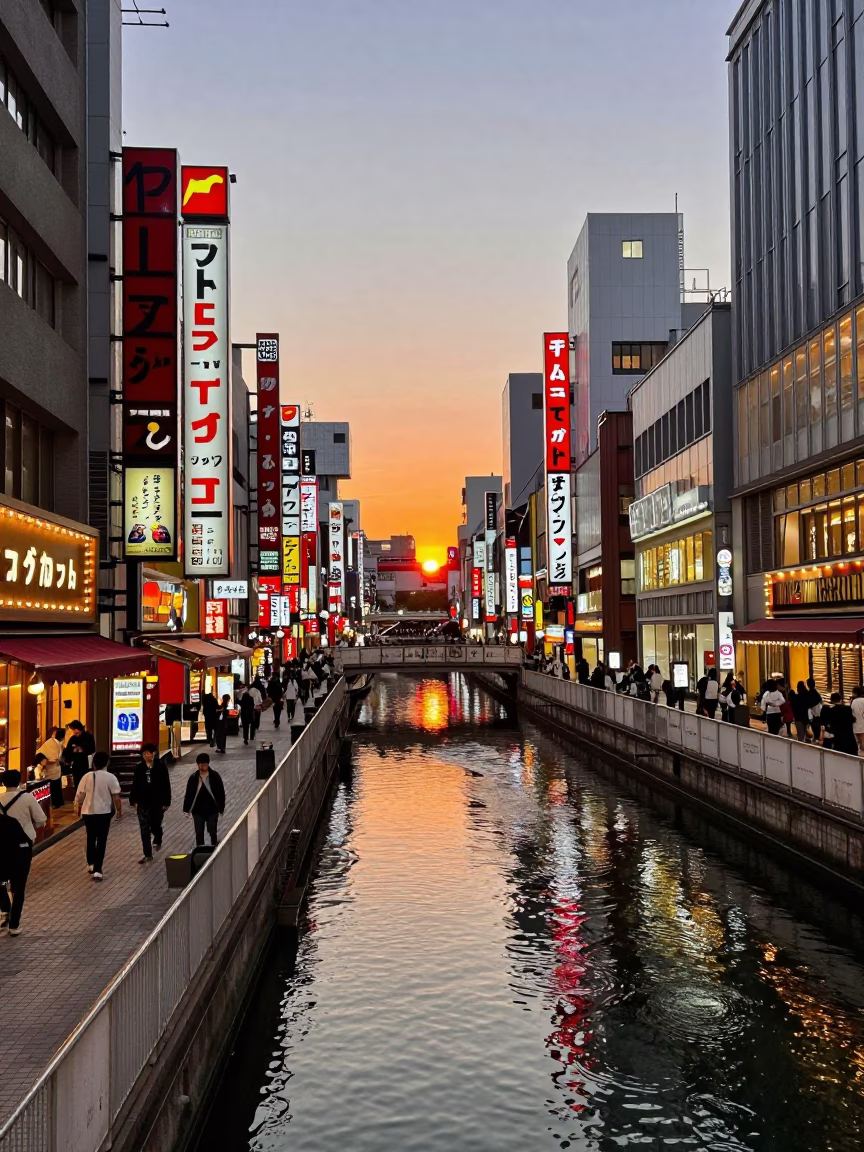 Osaka Dotonbori Street Scene at Sunset with Neon Reflections and Pedestrians in in Osaka, Japan