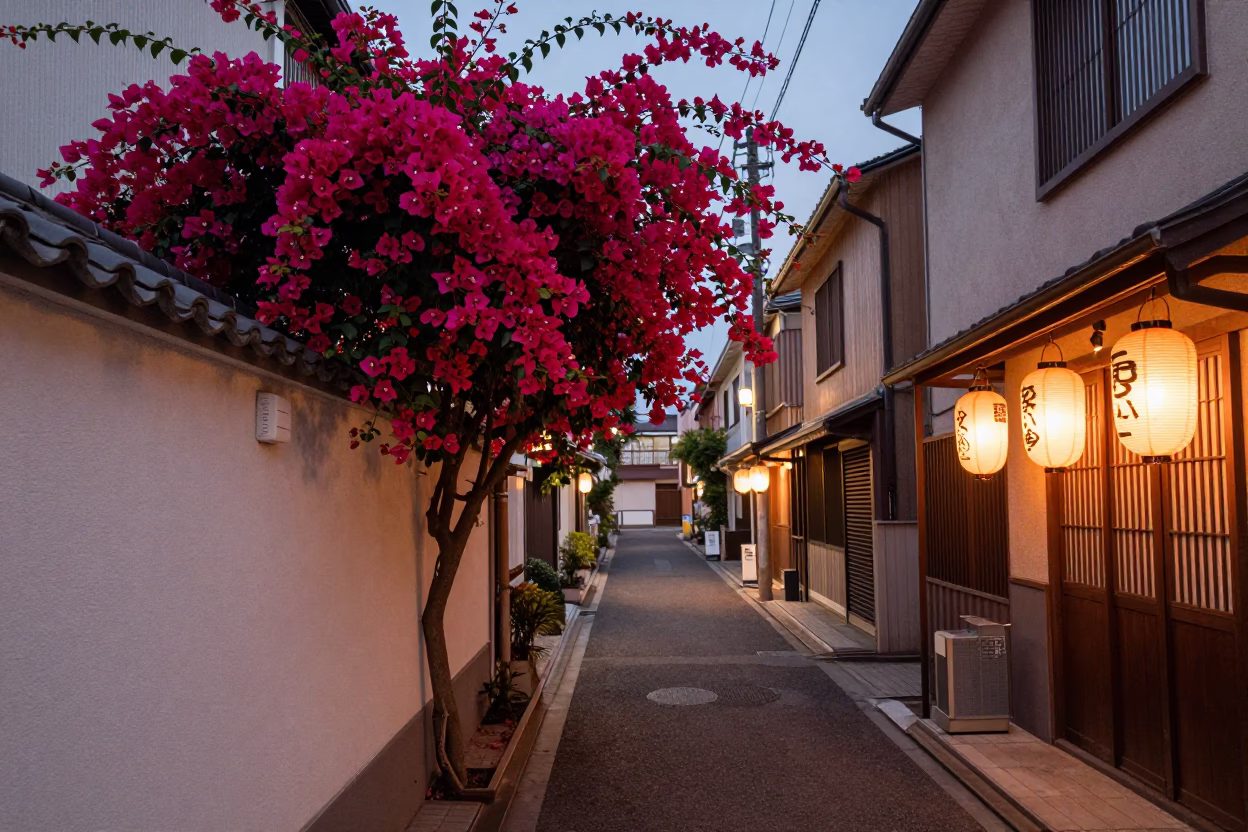 Osaka Dusk Street Scene with Bougainvillea and Paper Lanterns in in Osaka, Japan