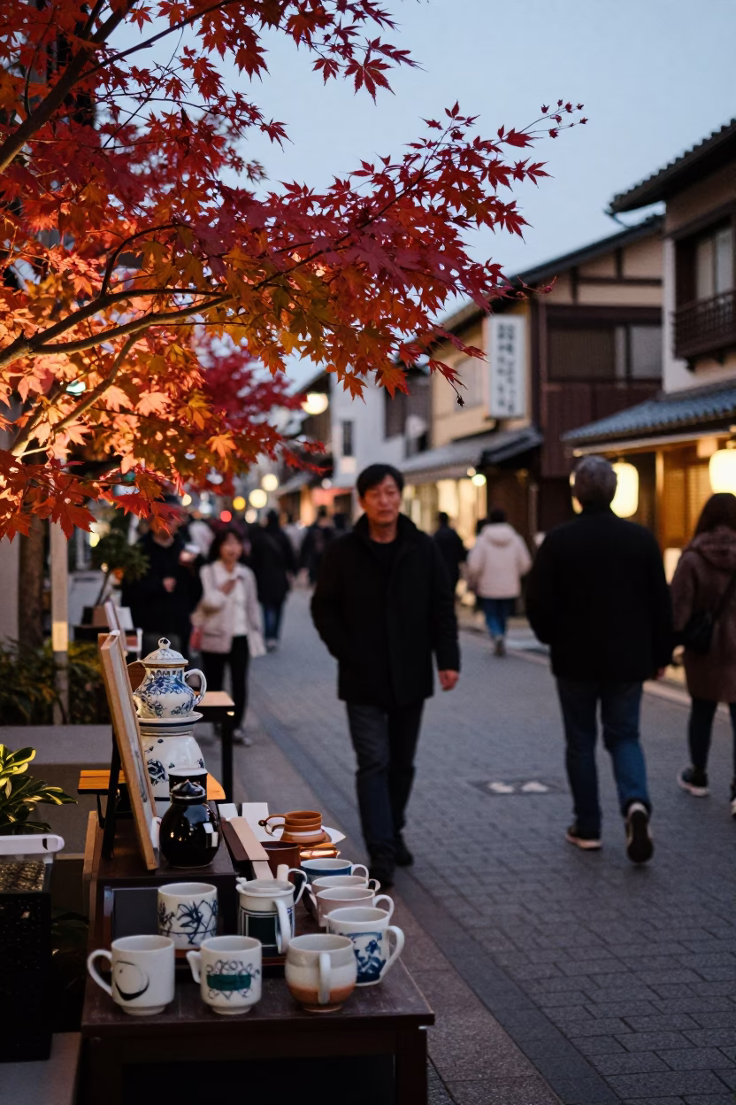 Osaka Dusk Street Scene with Japanese Maple and Ceramic Mugs in in Osaka, Japan