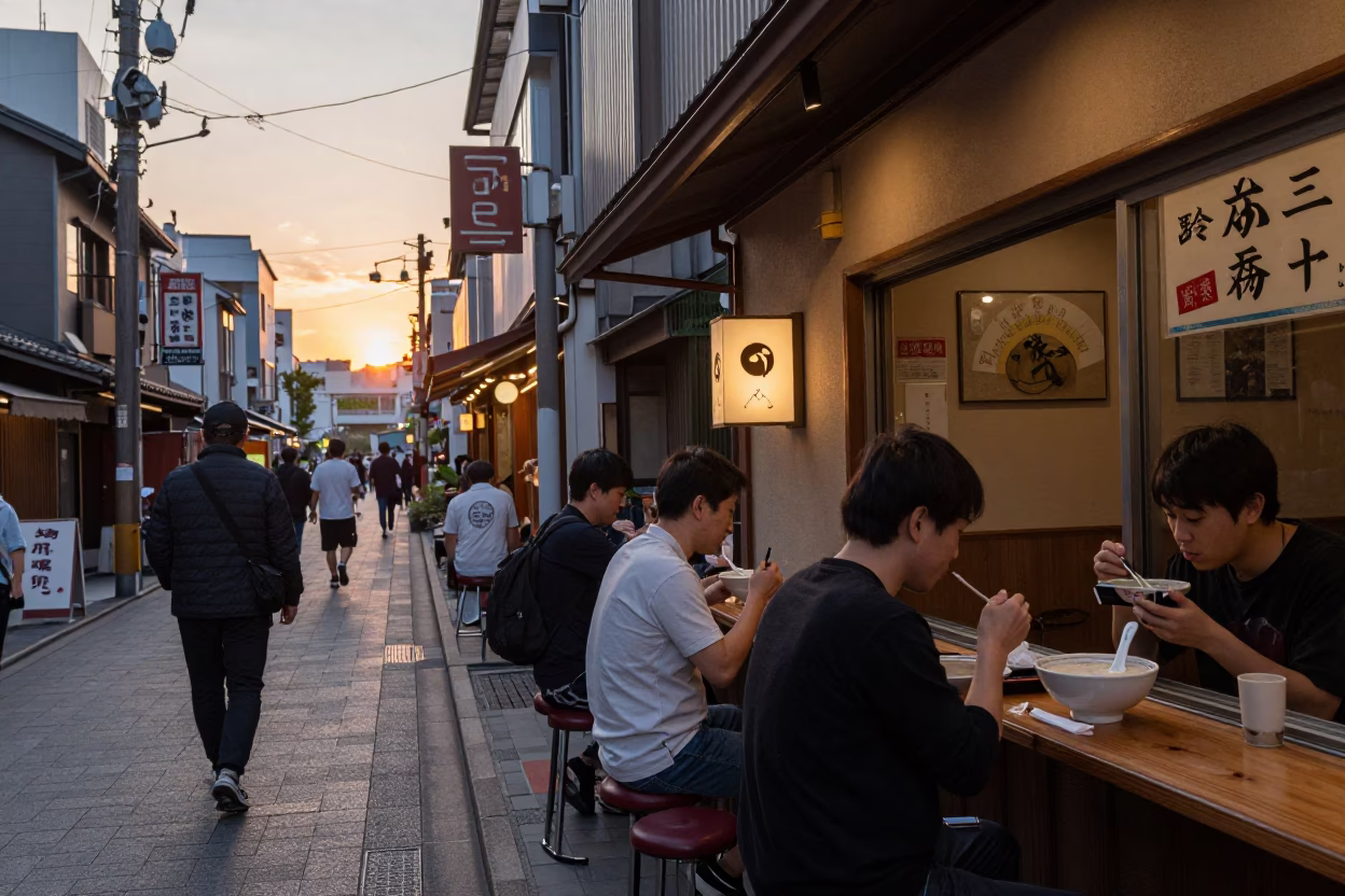 Osaka Dusk Street Scene with Local Diners Eating Congee and Century Egg in in Osaka, Japan