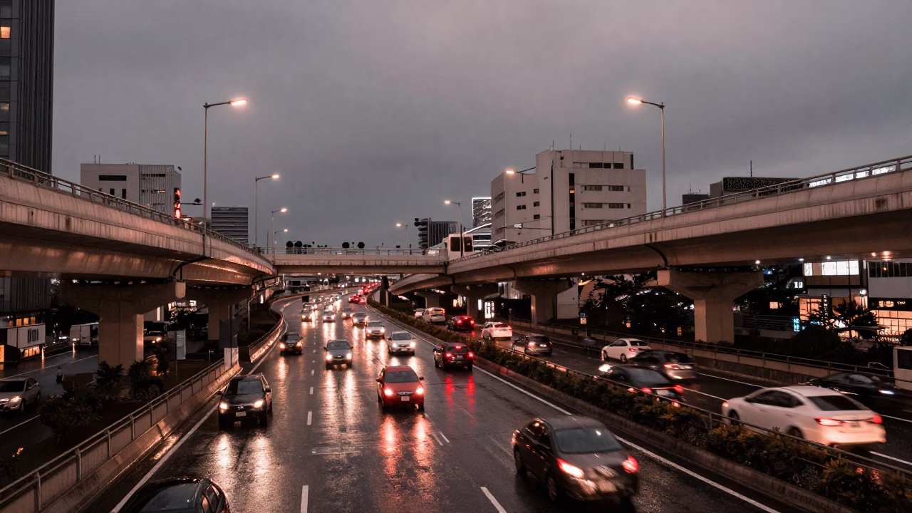 Osaka Dusk Traffic on Rain-Slicked Overpass Interchange with Glowing Taillights in in Osaka, Japan