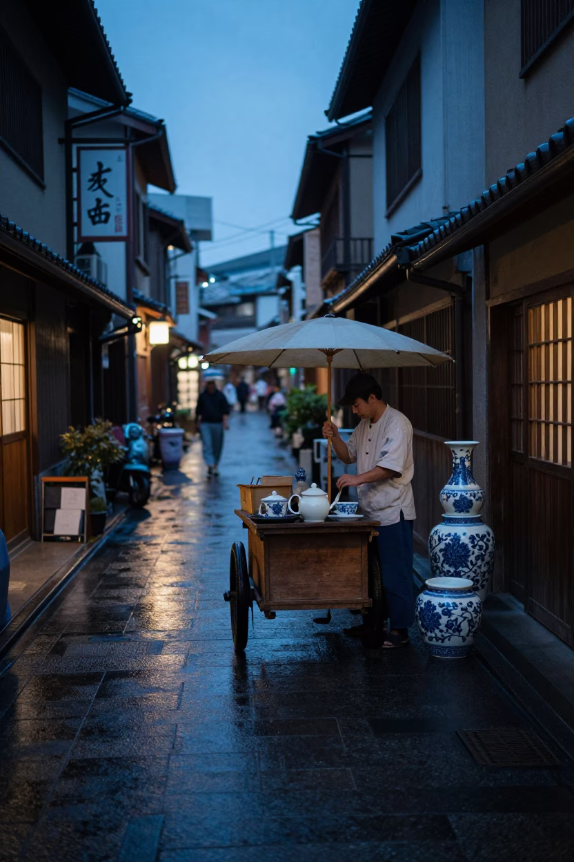Osaka Evening Street Scene with Blue and White Porcelain Bowl and Wooden Bread Board in in Osaka, Japan