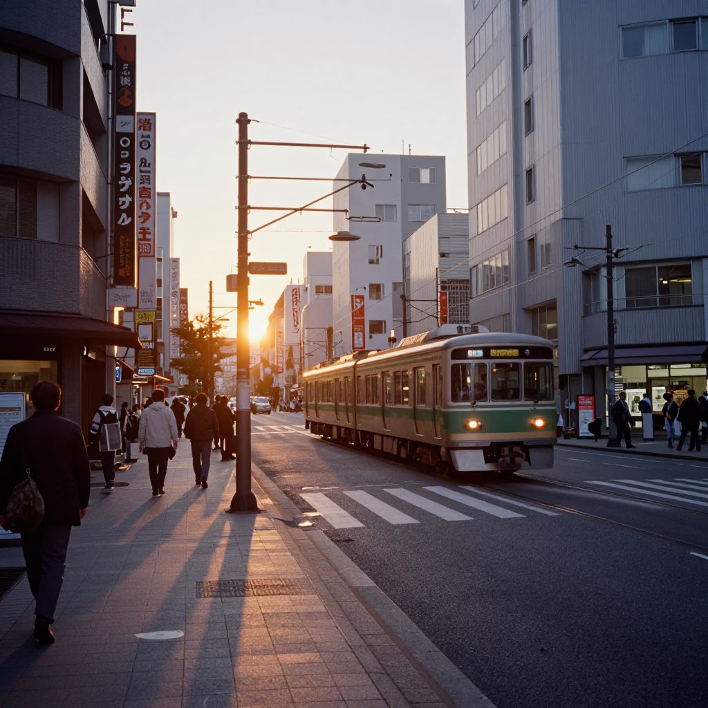 Osaka Evening Street Scene with Metro Train Emerging at Sunset in in Osaka, Japan