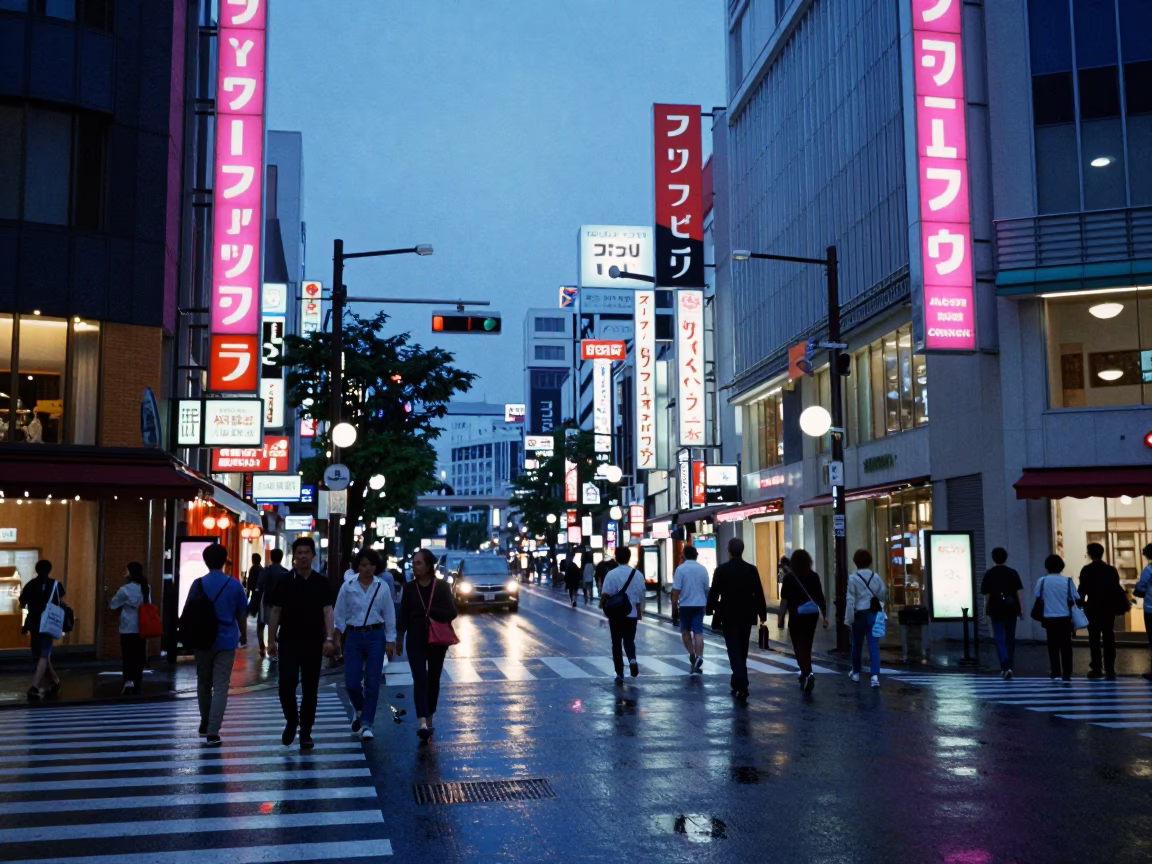Osaka Evening Street Scene with Neon Lights and Pedestrians in Japan in in Osaka, Japan