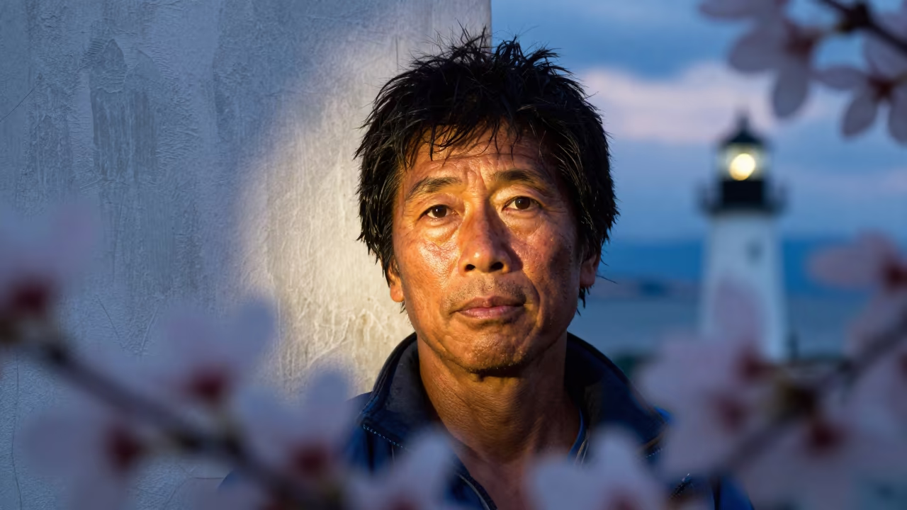Osaka Fisherman Face in Lighthouse Beam in against a sun-bleached plaster wall near Osaka