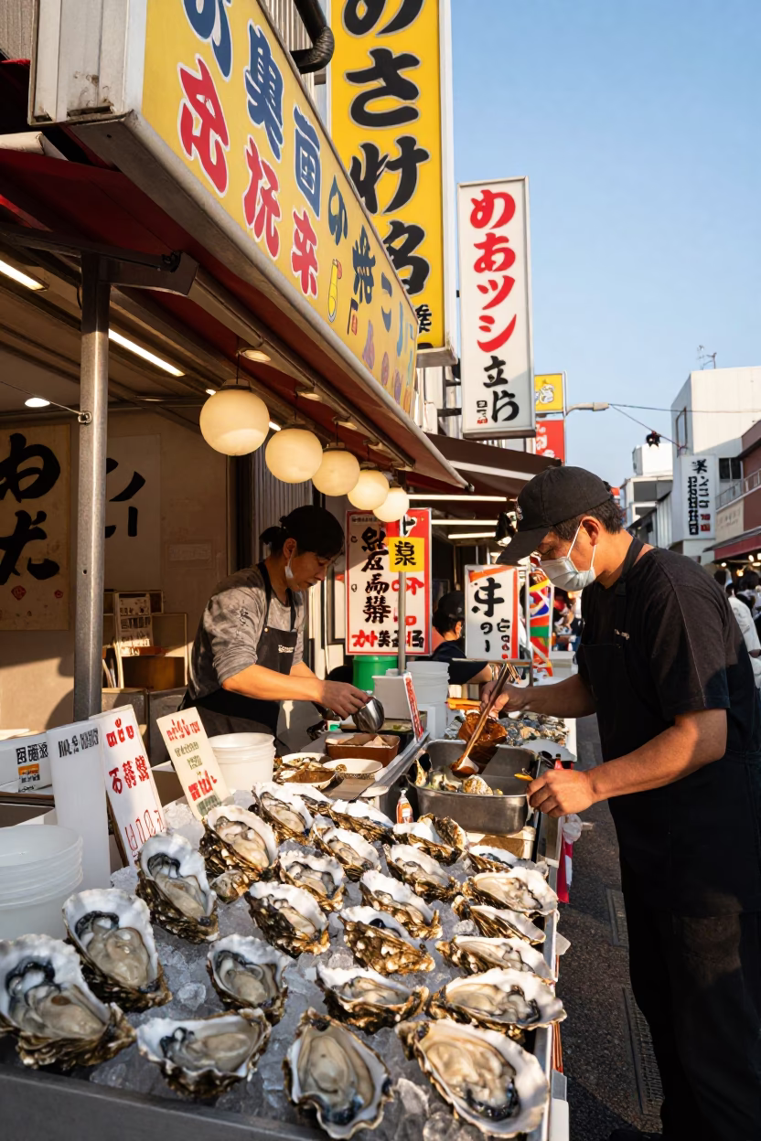 Osaka Food Scene at Clear Late-afternoon Light in in Osaka, Japan