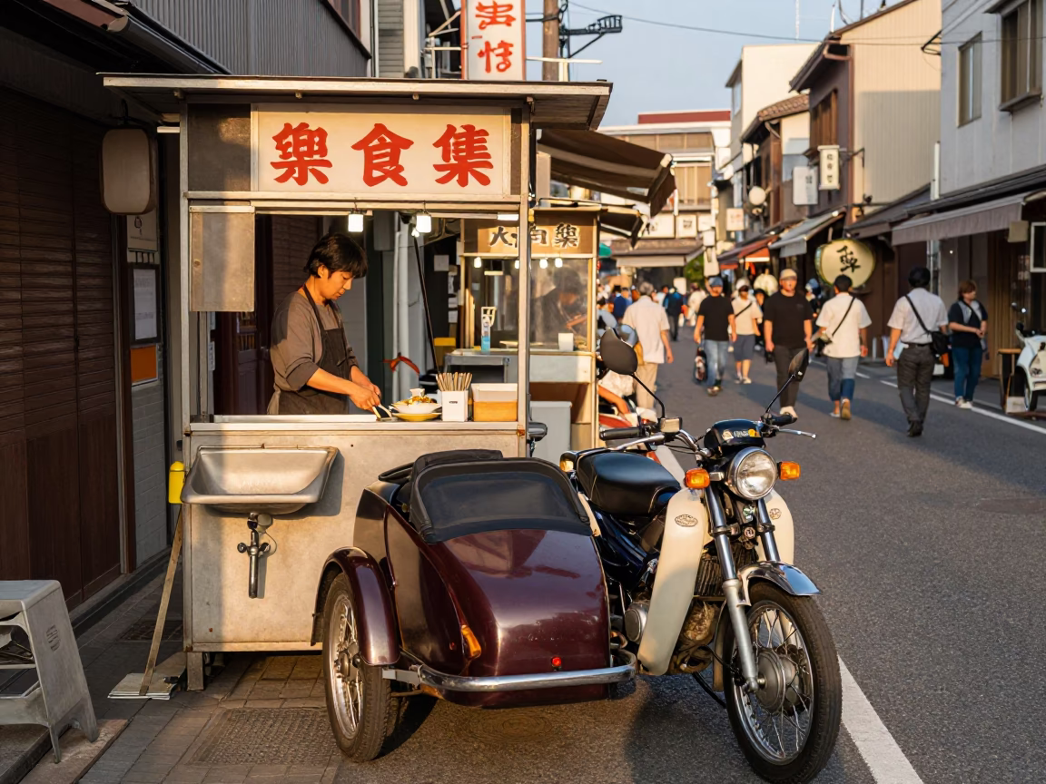 Osaka Food Stall at Clear Late-afternoon Light in in Osaka, Japan
