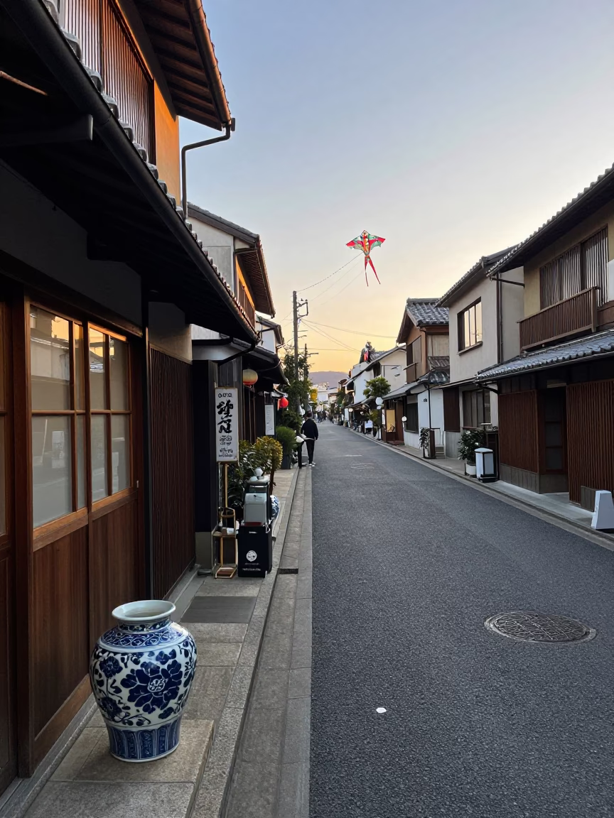 Osaka Golden Hour Street Scene with Porcelain Jar and Kites in Japan in in Osaka, Japan