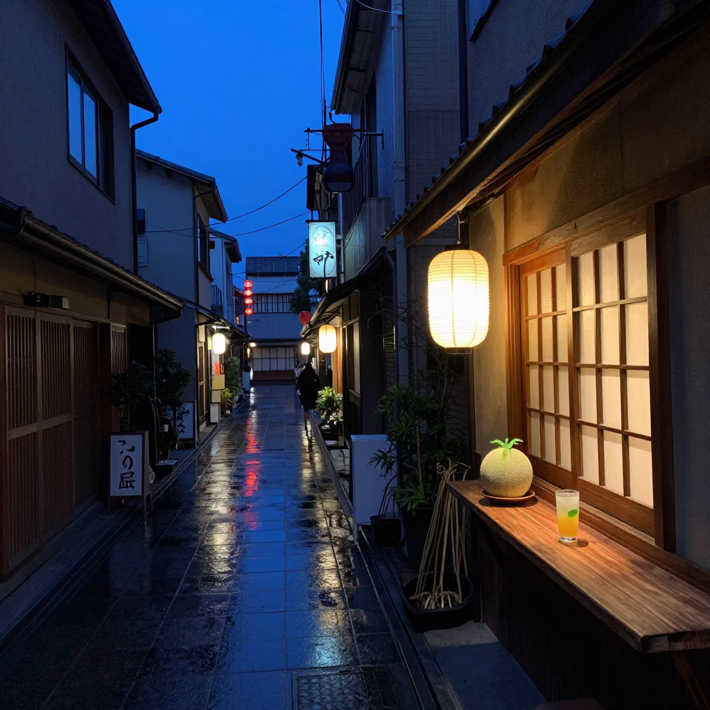 Osaka Indigo Twilight Street Scene with Neon Reflections and Local Commerce in in Osaka, Japan