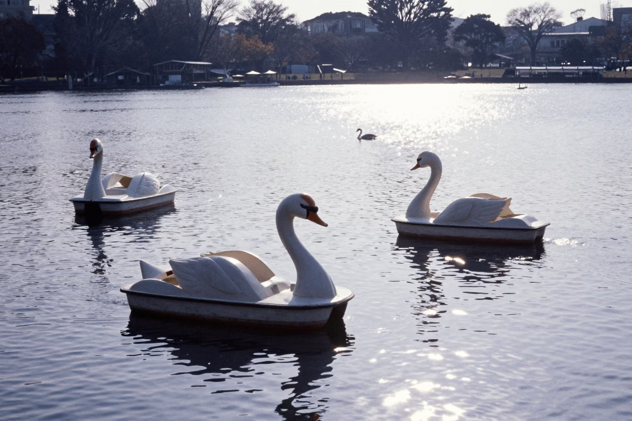 Osaka Japan 1950s Midmorning Landscape with Park Lake and Swan Pedal Boats in in Osaka, Japan