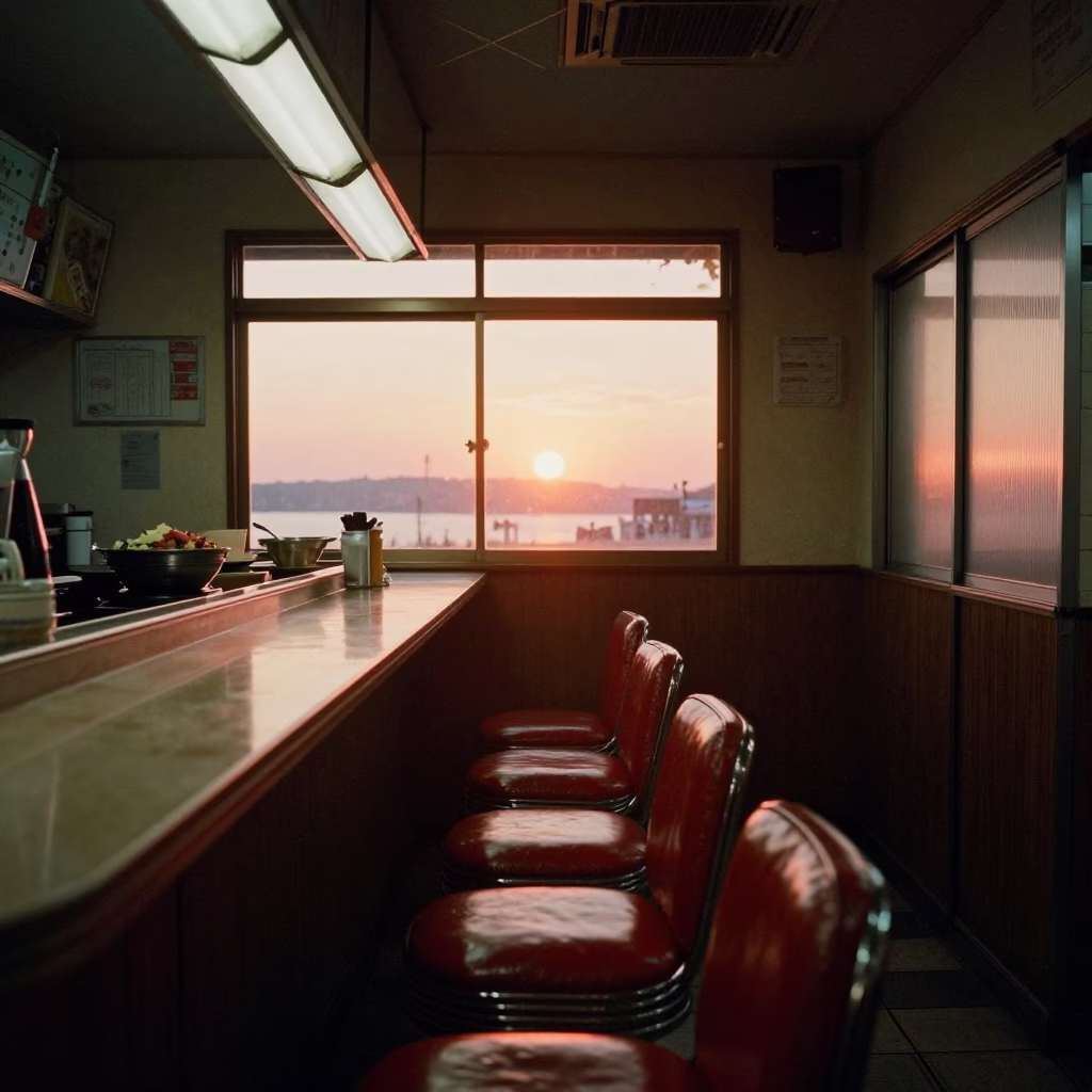 Osaka Japan 1970s Diner Interior with Bar Stools and Bibimbap at Sunset in in Osaka, Japan