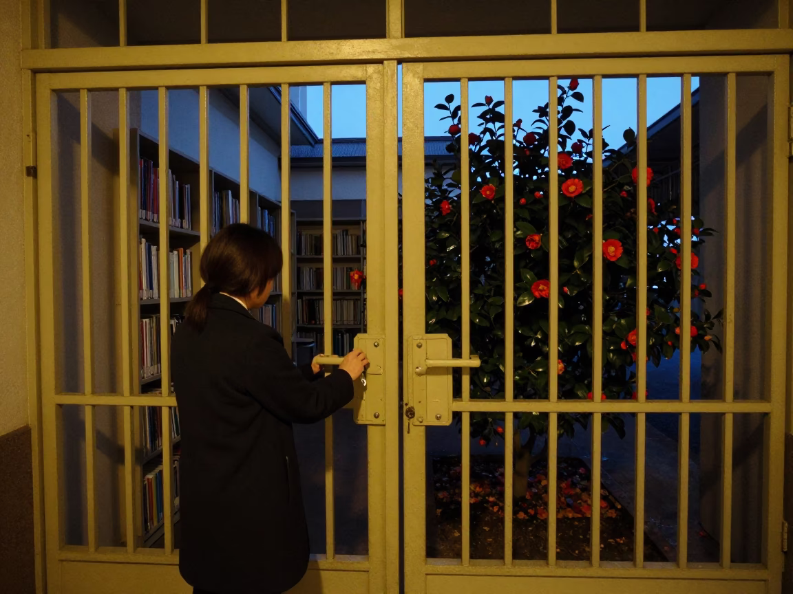 Osaka Japan Before Dawn Teacher Unlocks School Library Camellia Shrub in in Osaka, Japan