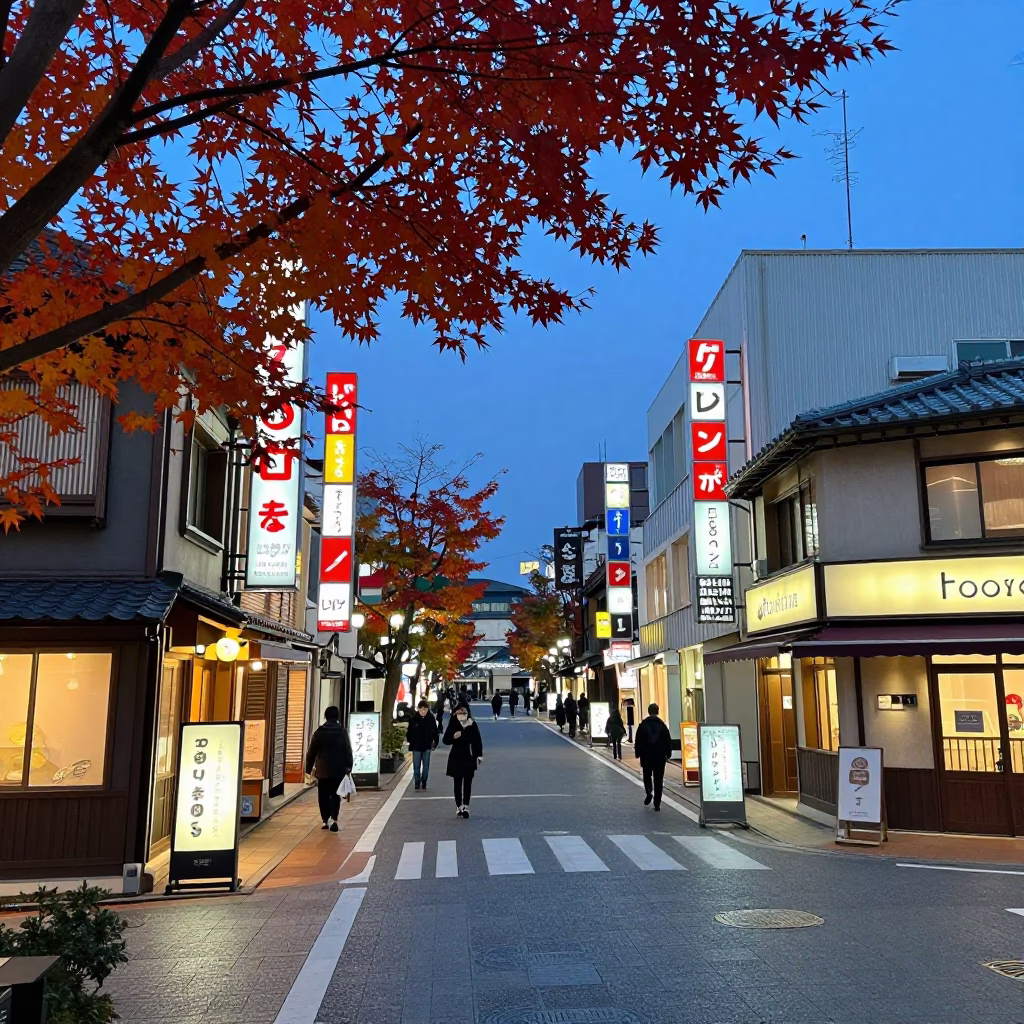 Osaka Japan Blue Hour Street Scene with Autumn Maple Leaves and Vintage Atmosphere in in Osaka, Japan