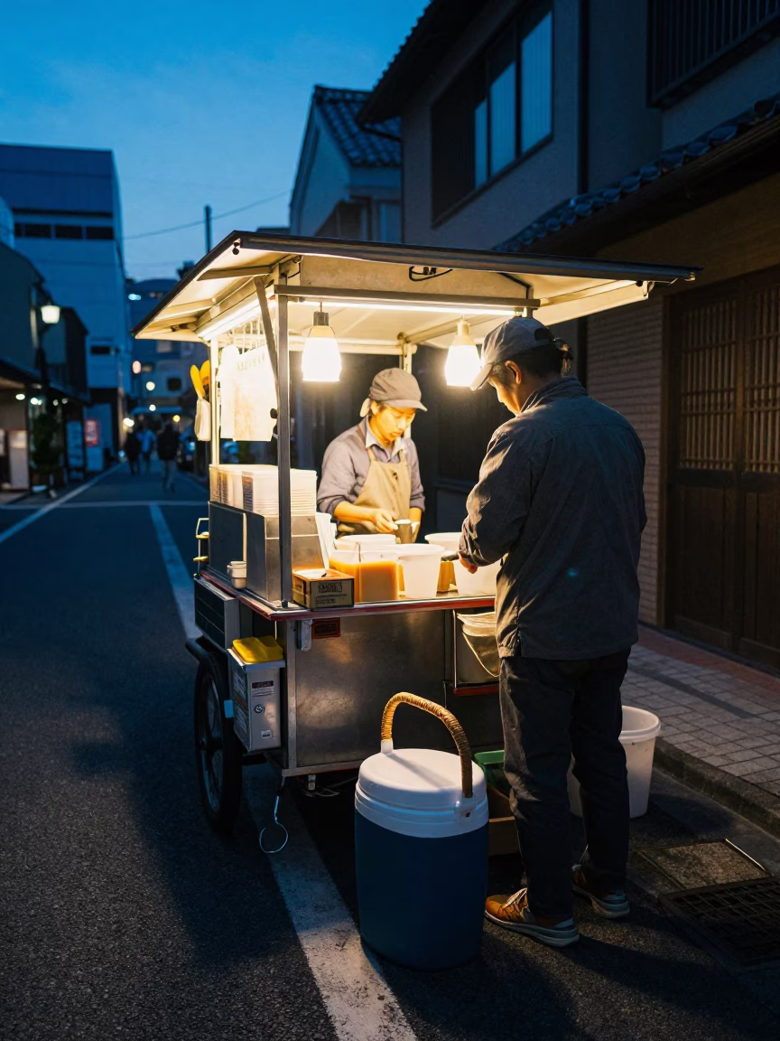 Osaka Japan Blue Hour Street Scene with Cooler Jug and Wicker Handle Shadow in in Osaka, Japan