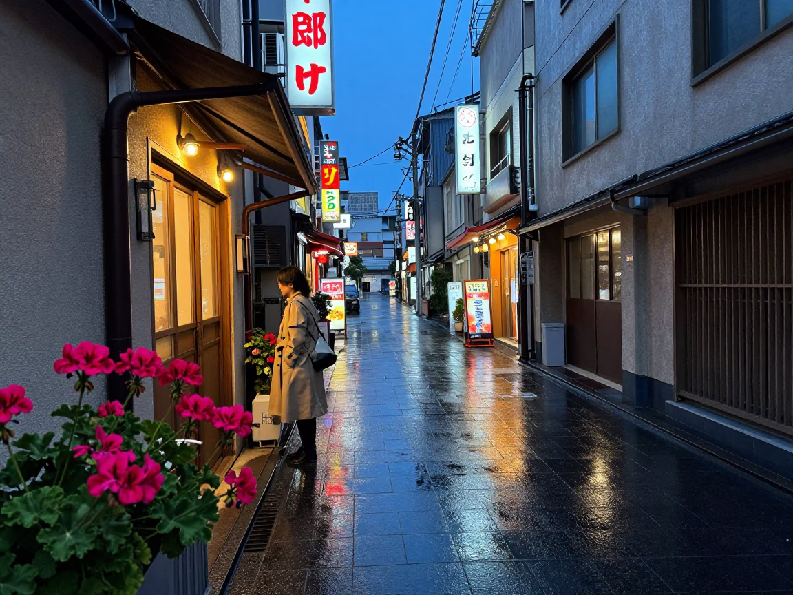 Osaka Japan Blue Hour Street Scene with Geraniums and Urban Reflections in in Osaka, Japan