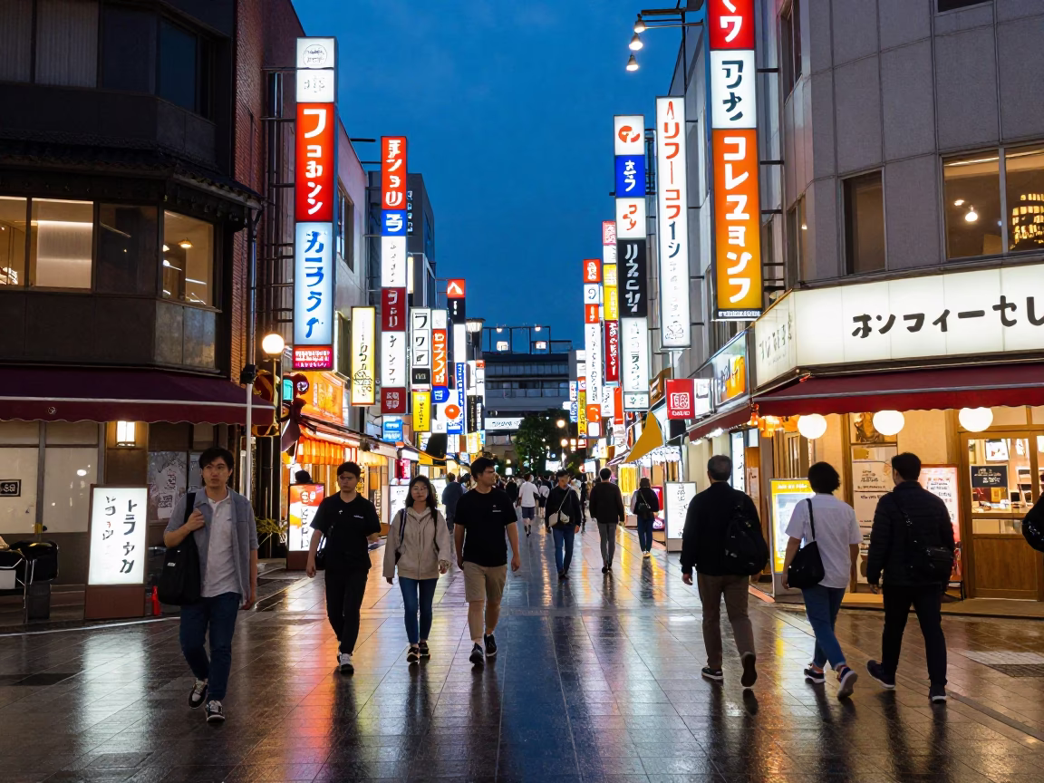 Osaka Japan Blue Hour Street Scene with Neon Reflections and Evening Pedestrians in in Osaka, Japan