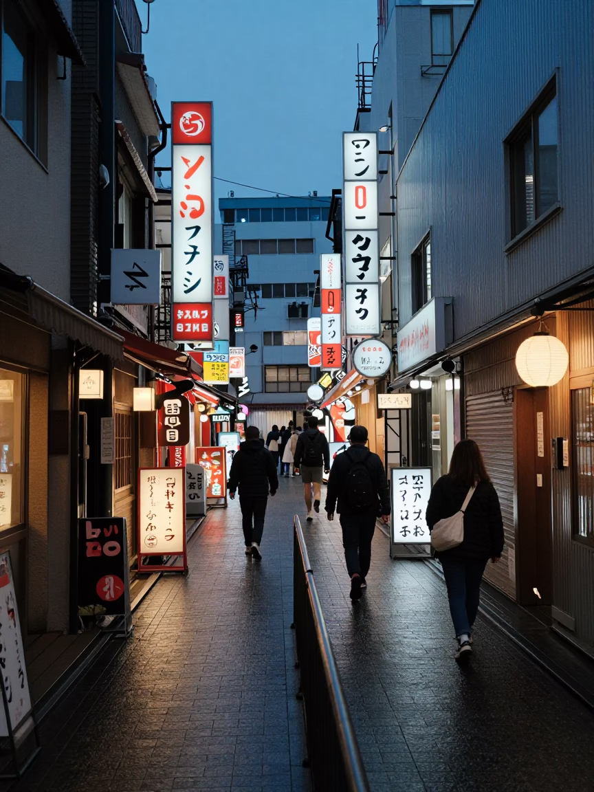 Osaka Japan Blue Hour Street Scene with Stair Rail and Urban Life in in Osaka, Japan