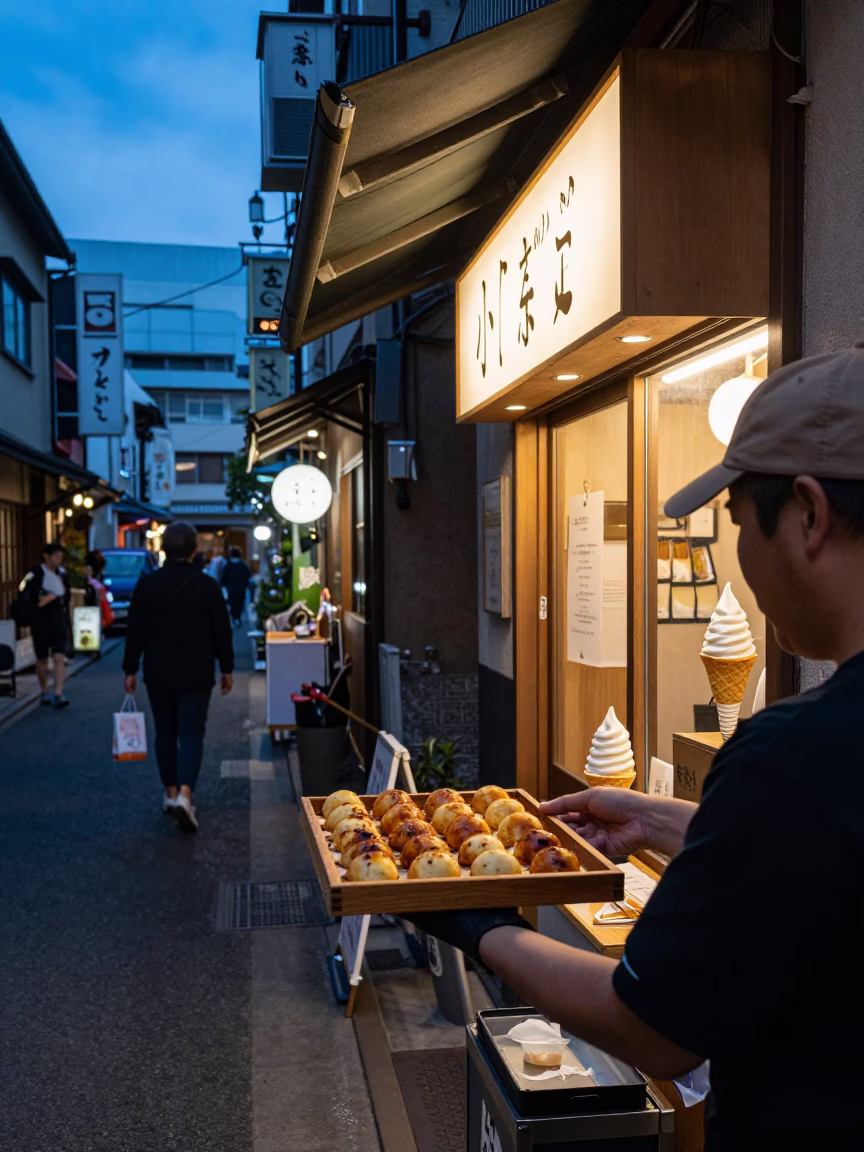 Osaka Japan Blue Hour Street Scene with Takoyaki and Gelato Shop Window Display in in Osaka, Japan