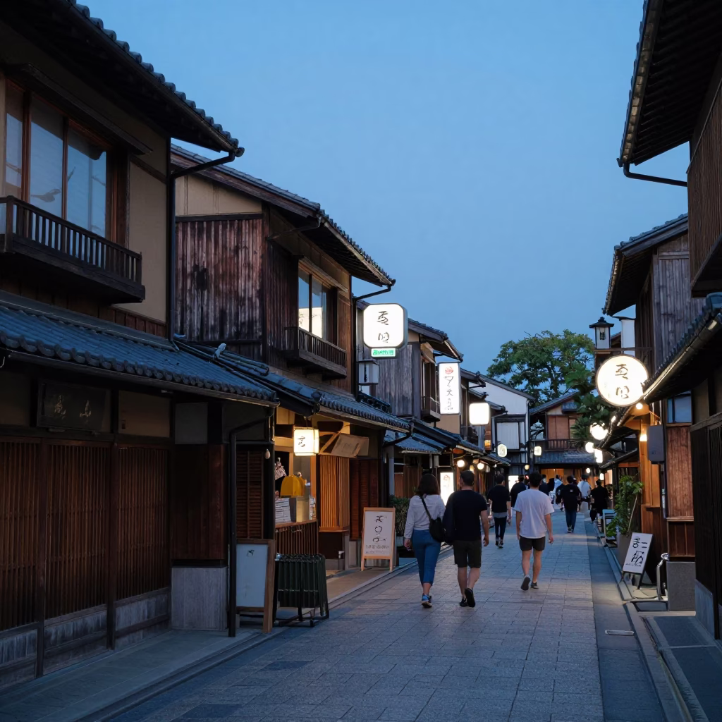 Osaka Japan blue hour street scene with traditional architecture and neon lights in in Osaka, Japan