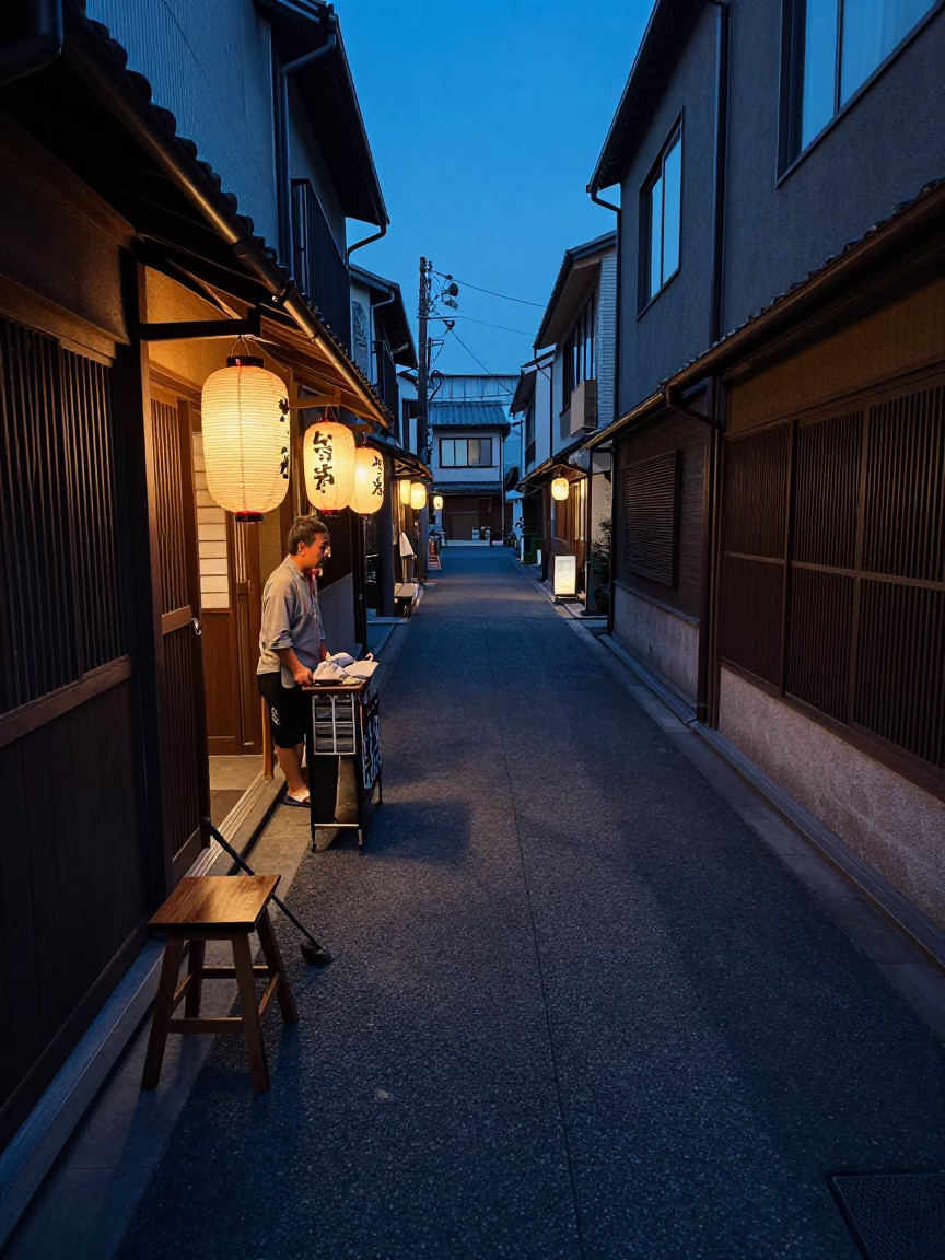 Osaka Japan Blue Hour Street Scene with Wooden Stool and Crowbar Near Traditional Shop in in Osaka, Japan