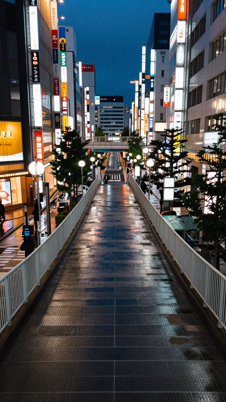 Osaka Japan City Lights Pedestrian Overpass Wet Footsteps Night Street Photography in in Osaka, Japan