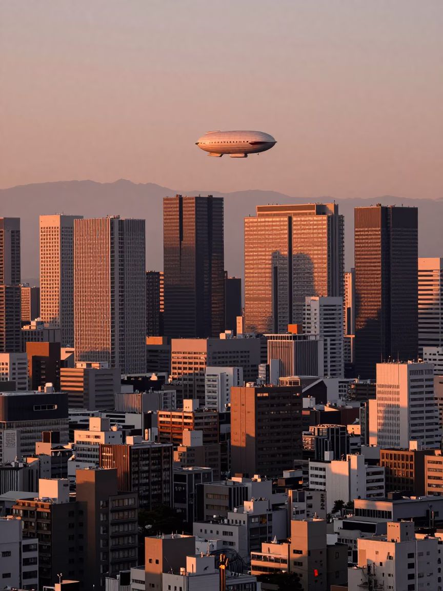 Osaka Japan City Skyline at Dusk with Zeppelin Airship and Urban Landscape in in Osaka, Japan
