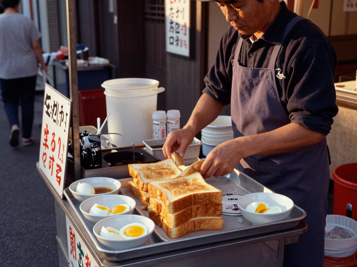 Osaka Japan Dawn Street Food Vendor Selling Kaya Toast and Soft Boiled Eggs in in Osaka, Japan