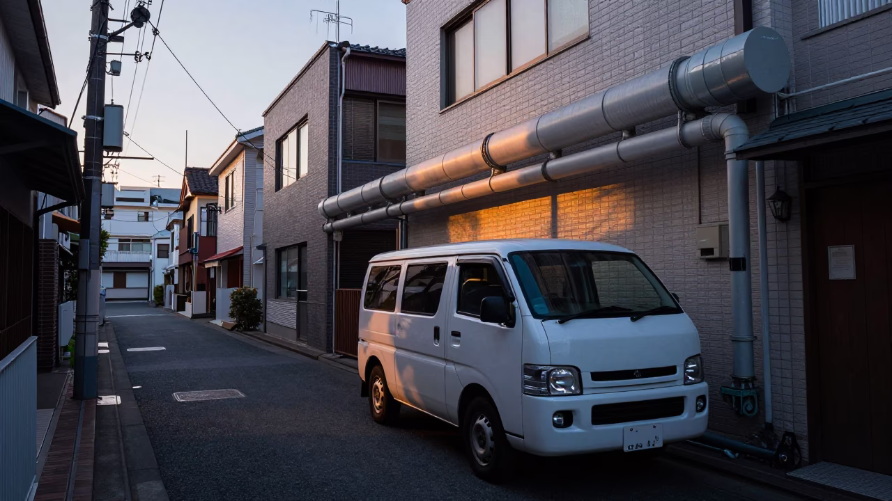 Osaka Japan Dawn Street Scene with Delivery Van and Wool Scarves in in Osaka, Japan