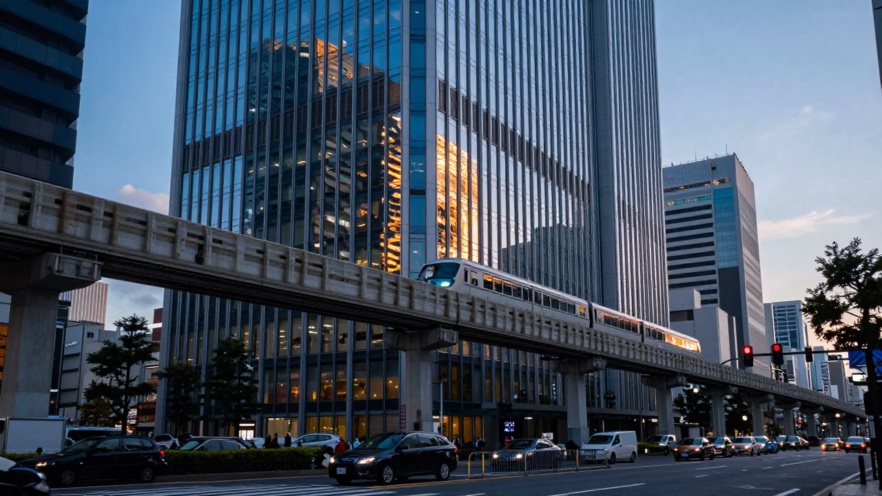 Osaka Japan Dawn Street Scene with Monorail Reflection on Glass Skyscraper and Urban Architecture in in Osaka, Japan