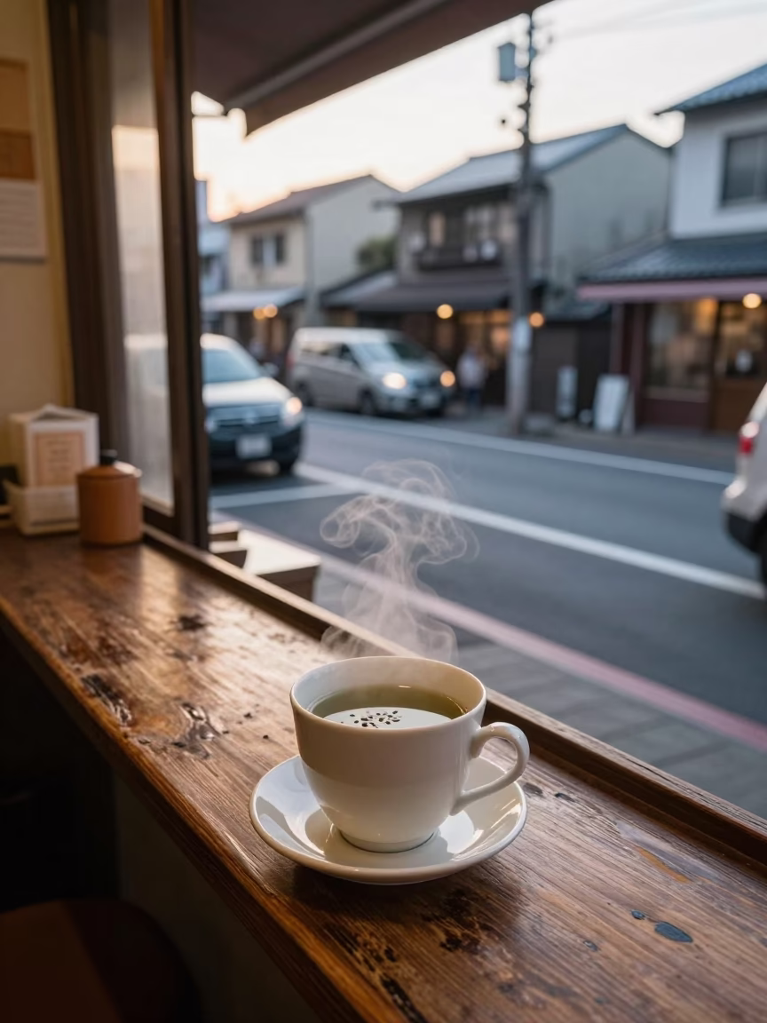 Osaka Japan dawn street scene with steaming genmaicha tea cup on wooden counter in in Osaka, Japan