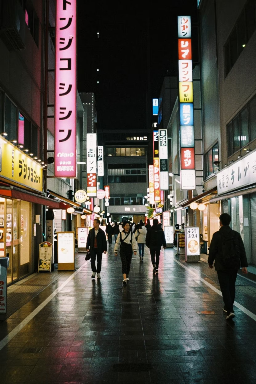 Osaka Japan Deep Night Street Scene with Neon Reflections and Vintage Vespa in in Osaka, Japan