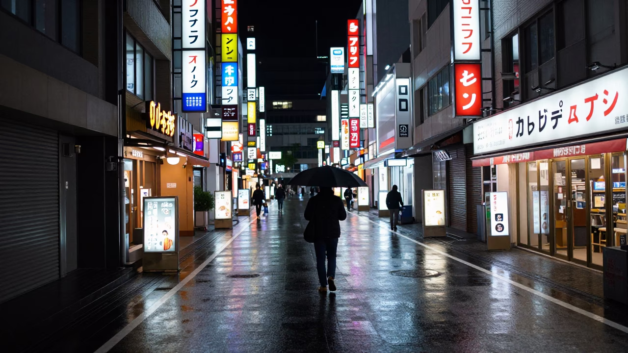 Osaka Japan Deep Night Street Scene with Umbrella and Neon Reflections in in Osaka, Japan