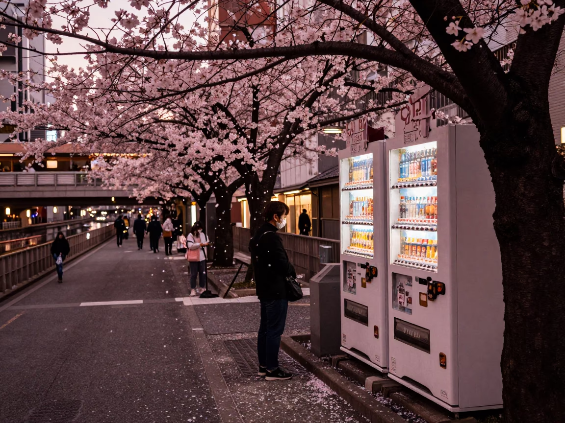 Osaka Japan Dusk Street Scene with Cherry Blossoms and Urban Life in in Osaka, Japan