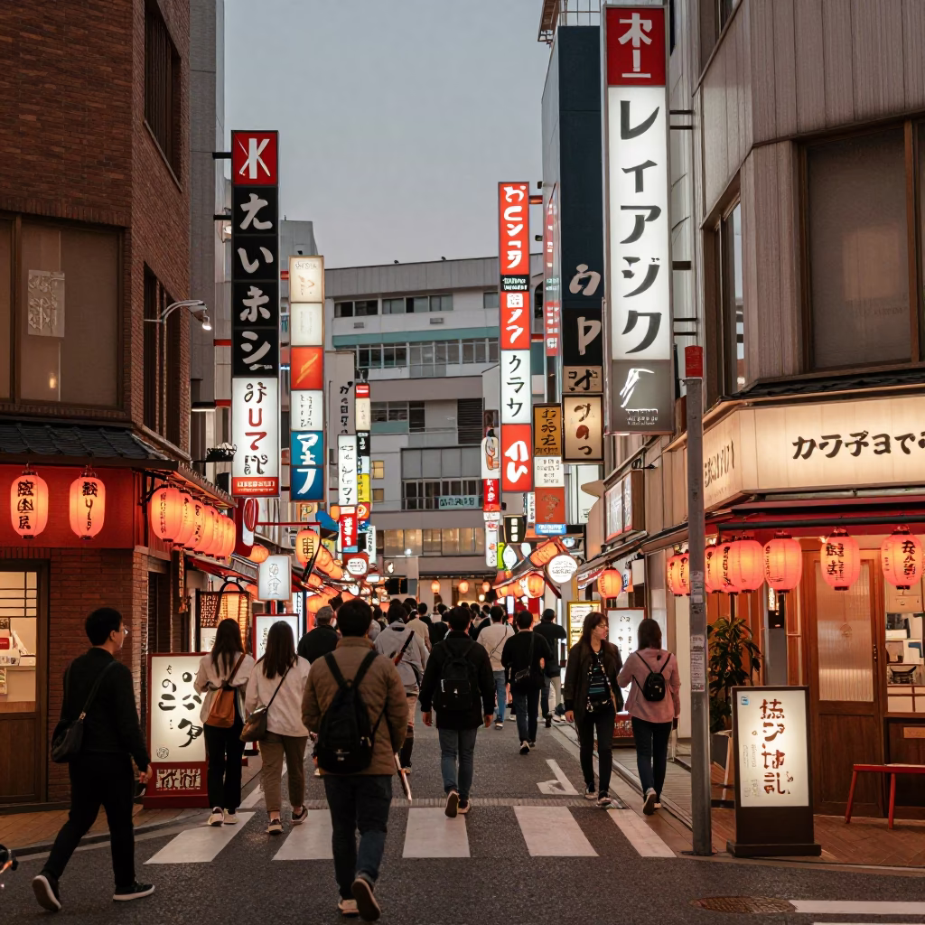 Osaka Japan Dusk Street Scene with Neon Signs and City Life in in Osaka, Japan