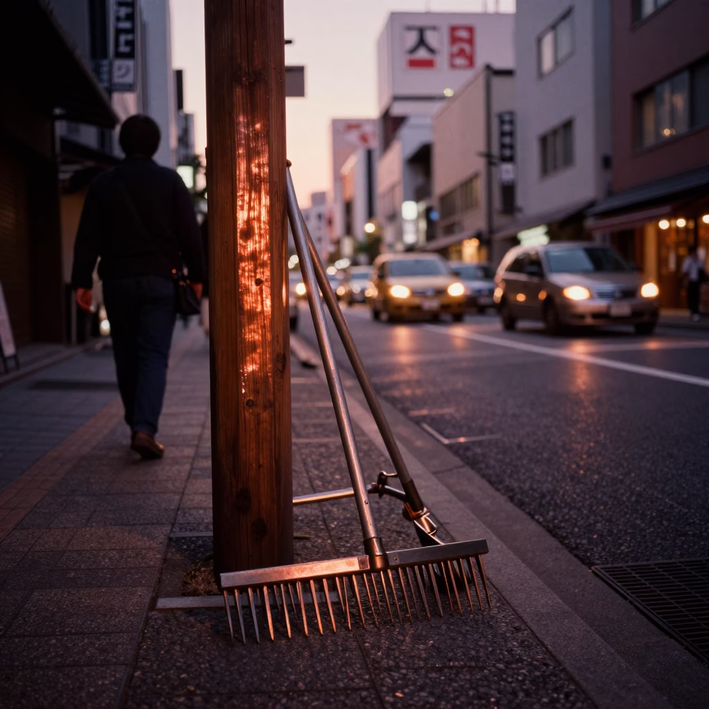 Osaka Japan Dusk Street Scene with Rake Heads and Urban Details in in Osaka, Japan